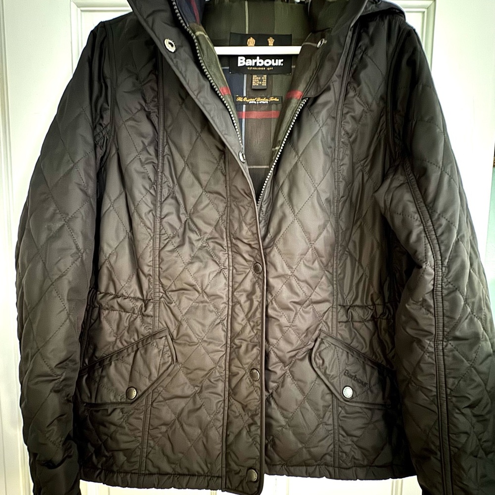 Barbour Women's Millfire Quilted Utility Jacket-Black with Detachable Hood US 14